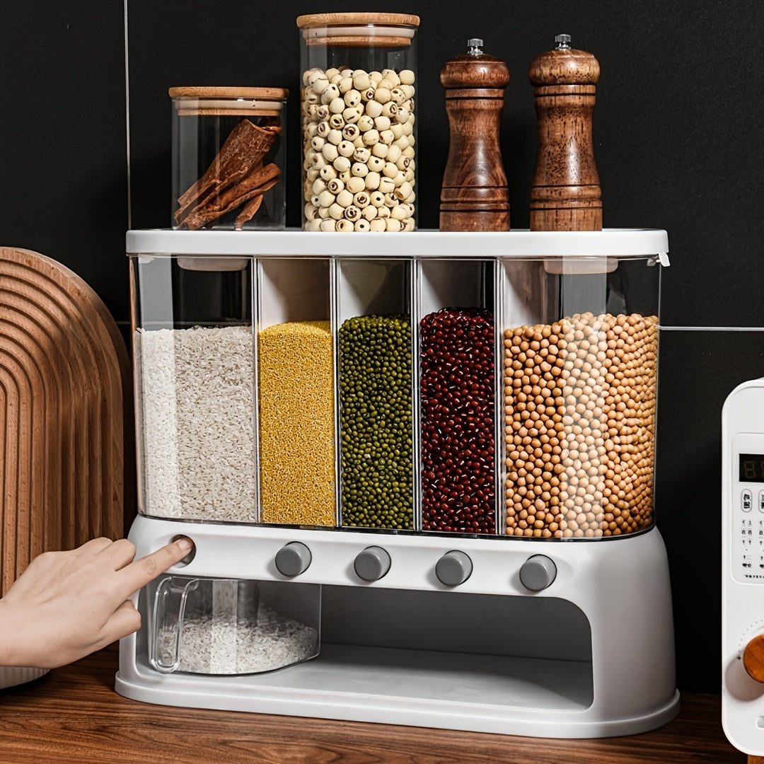 5-Section Dry Food Dispenser with Press Buttons & Sealed Flip Lid for Rice Pasta Beans Cereal Snacks Kitchen Pantry Counter Cabinet | Thomler