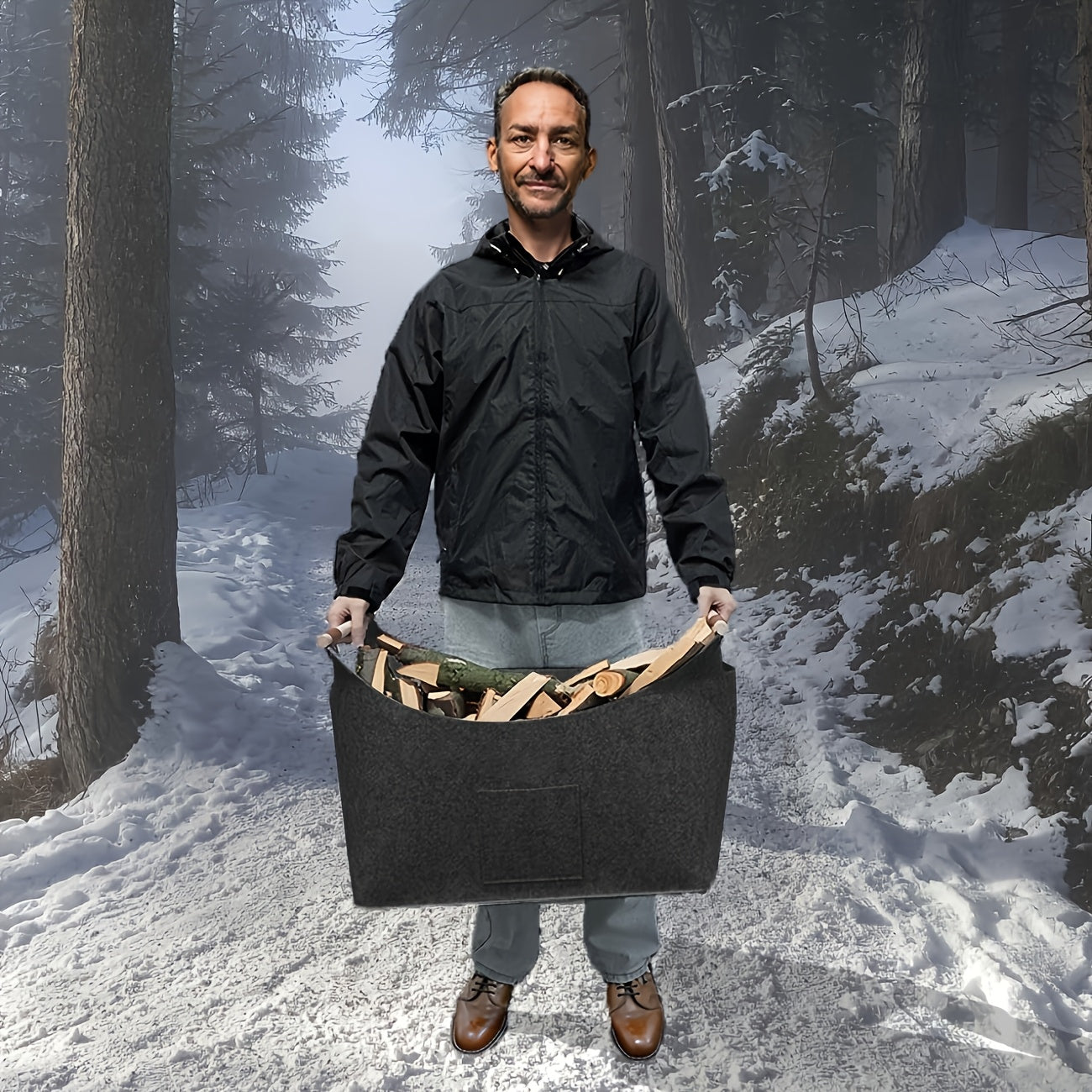 Collapsible Firewood Basket with Wooden Handles – 14.5 Gallon Felt Log Carrier for Living Room & Fireplace – Dark Gray Storage Bin | Thomler