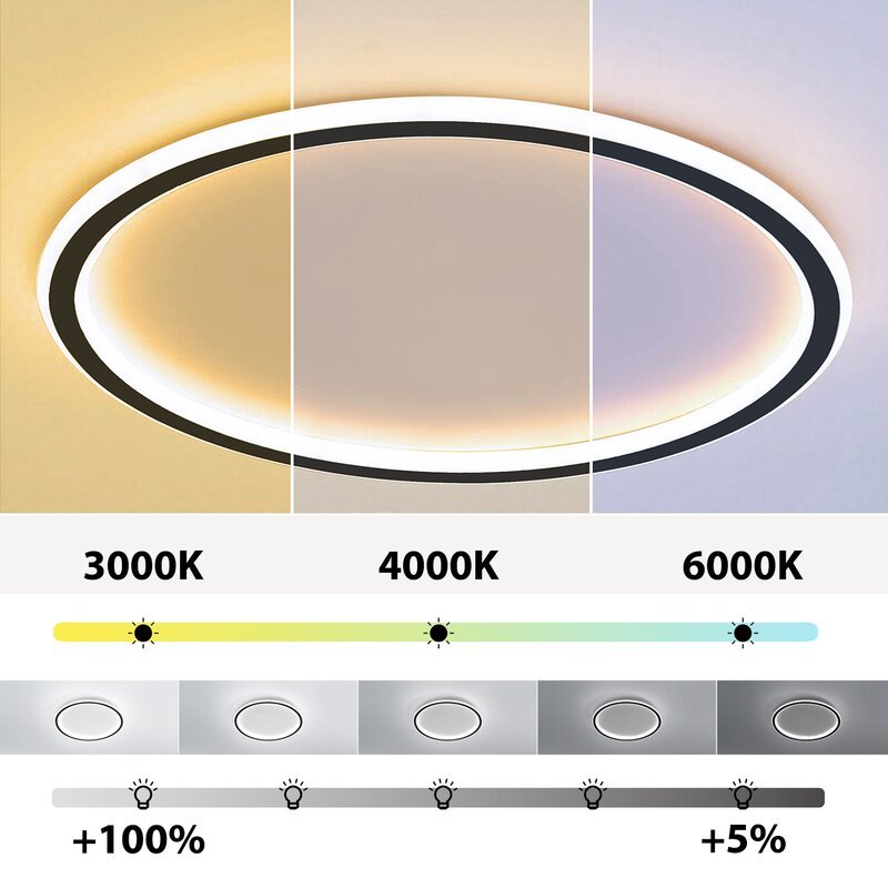 Dimmable Round LED Flush Mount Ceiling Light for Bedroom Living Room | Black White Metal Acrylic | Indoor Hardwired 12-20 Inch Fixture | Thomler