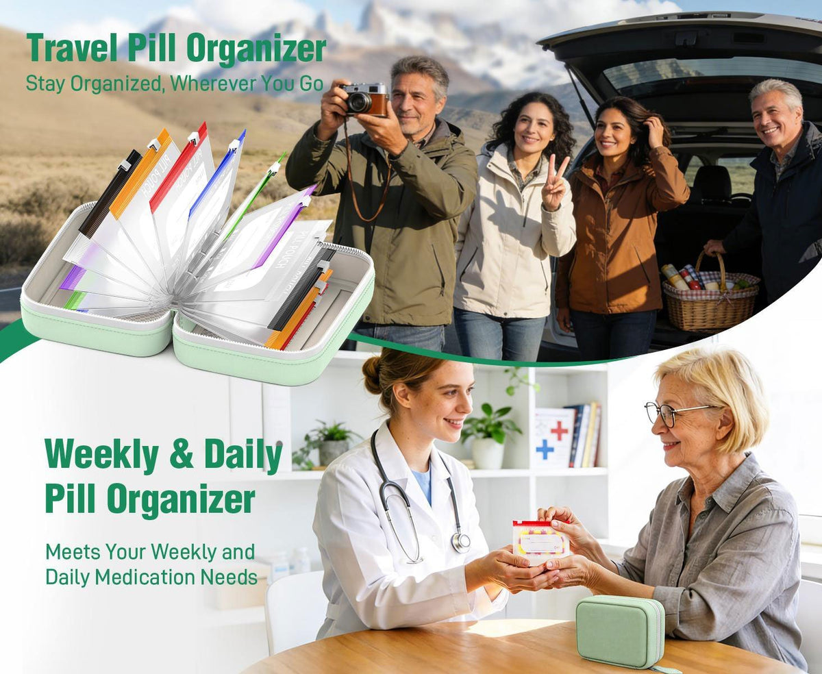 Weekly Pill Organizer Case with 14 Labeled Pouches & Zipper for Travel | Thomler