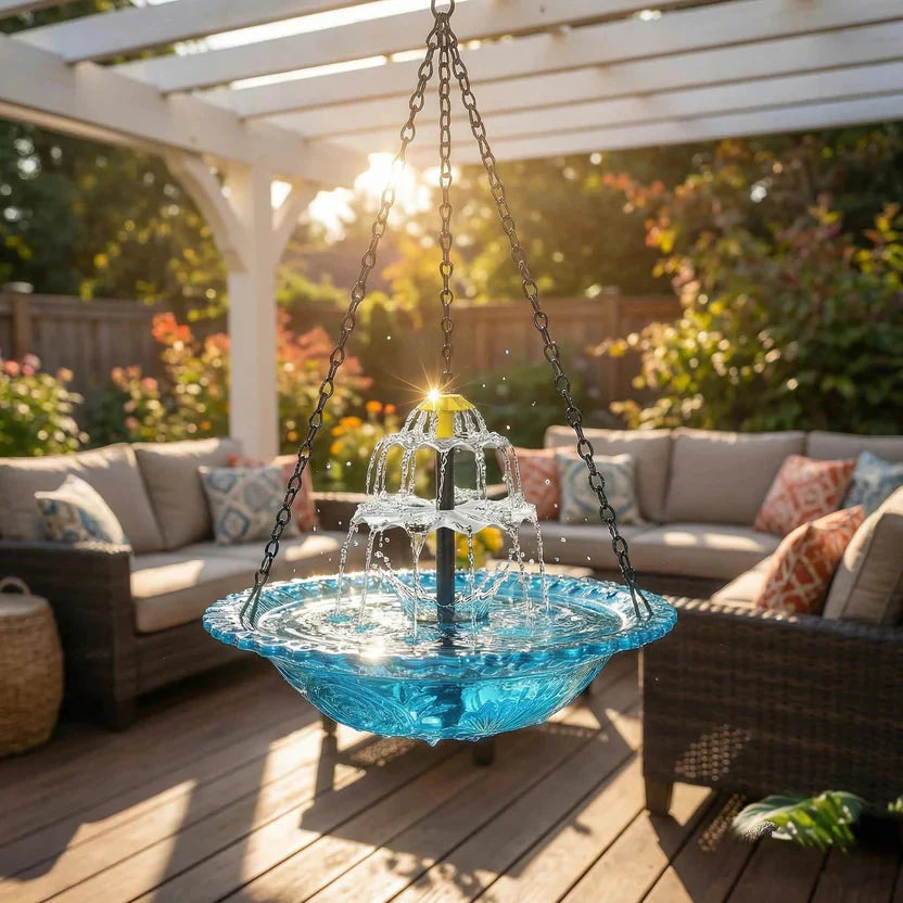 Solar-Springbrunnen mit Vogeltränke – kabellos, zweistufig, hängend