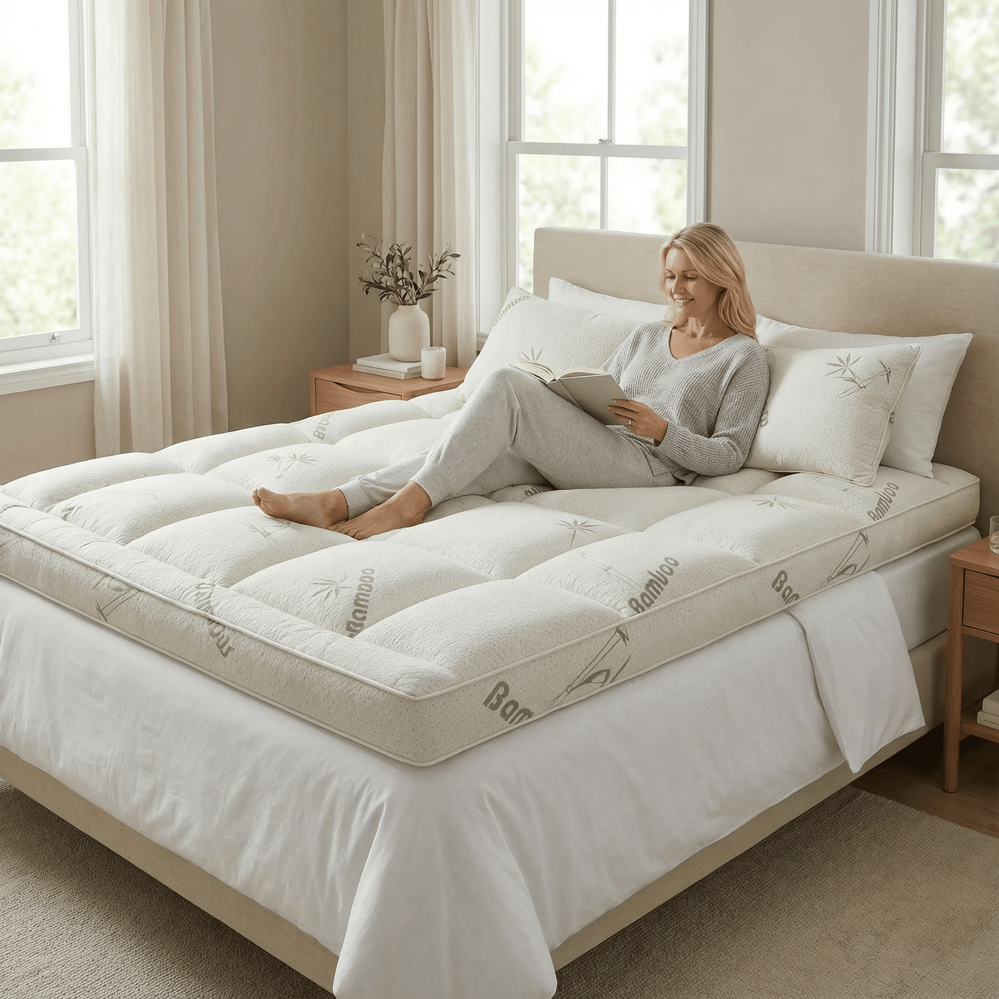 Mattress Topper Bamboo Blend 5.0 cm (2.0") Breathable Bed Comfort Cooling Hypoallergenic Mattress Protector Overlay | Thomler