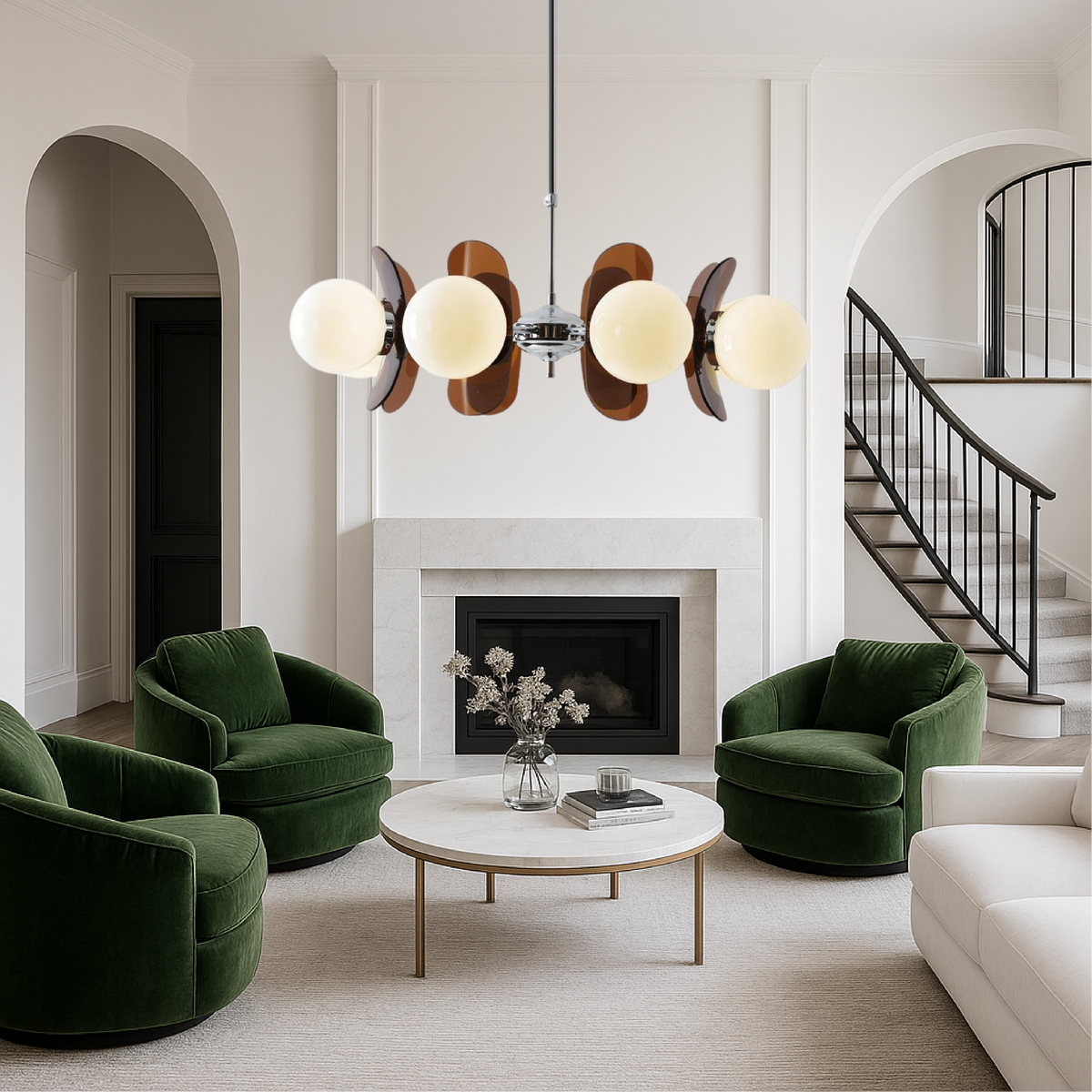 Geometric Modern Chandelier with Frosted Glass Globes – 5 or 8 Light Iron Frame Fixture for Dining Room & Living Space | Thomler