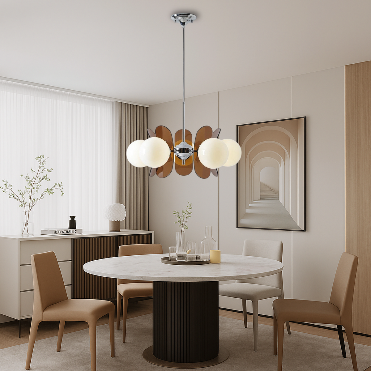 Geometric Modern Chandelier with Frosted Glass Globes – 5 or 8 Light Iron Frame Fixture for Dining Room & Living Space | Thomler
