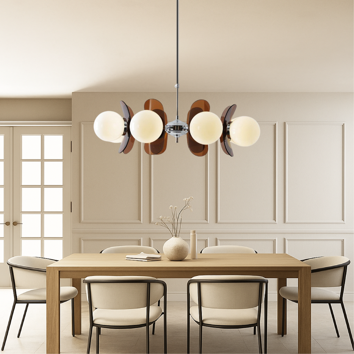 Geometric Modern Chandelier with Frosted Glass Globes – 5 or 8 Light Iron Frame Fixture for Dining Room & Living Space | Thomler