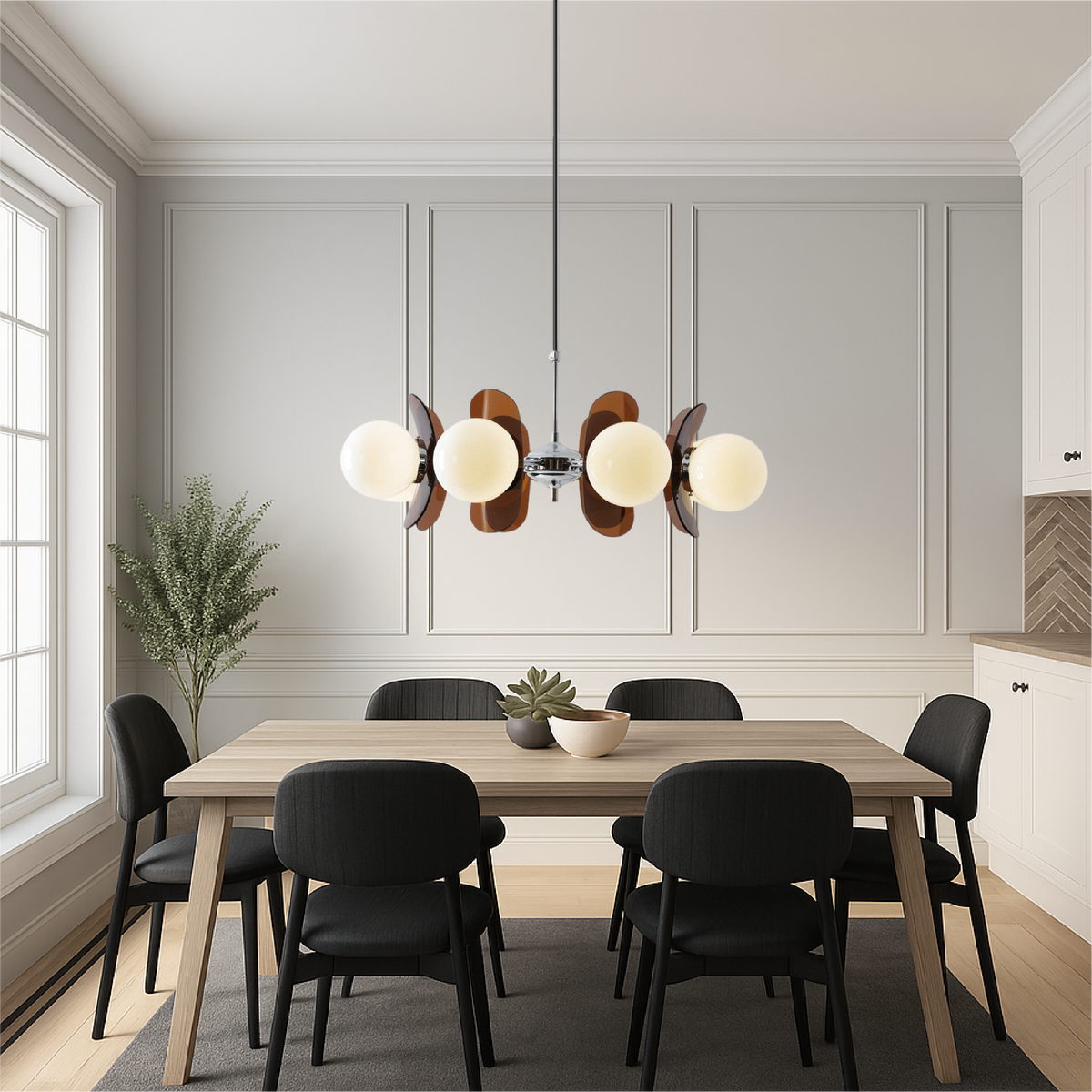Geometric Modern Chandelier with Frosted Glass Globes – 5 or 8 Light Iron Frame Fixture for Dining Room & Living Space | Thomler