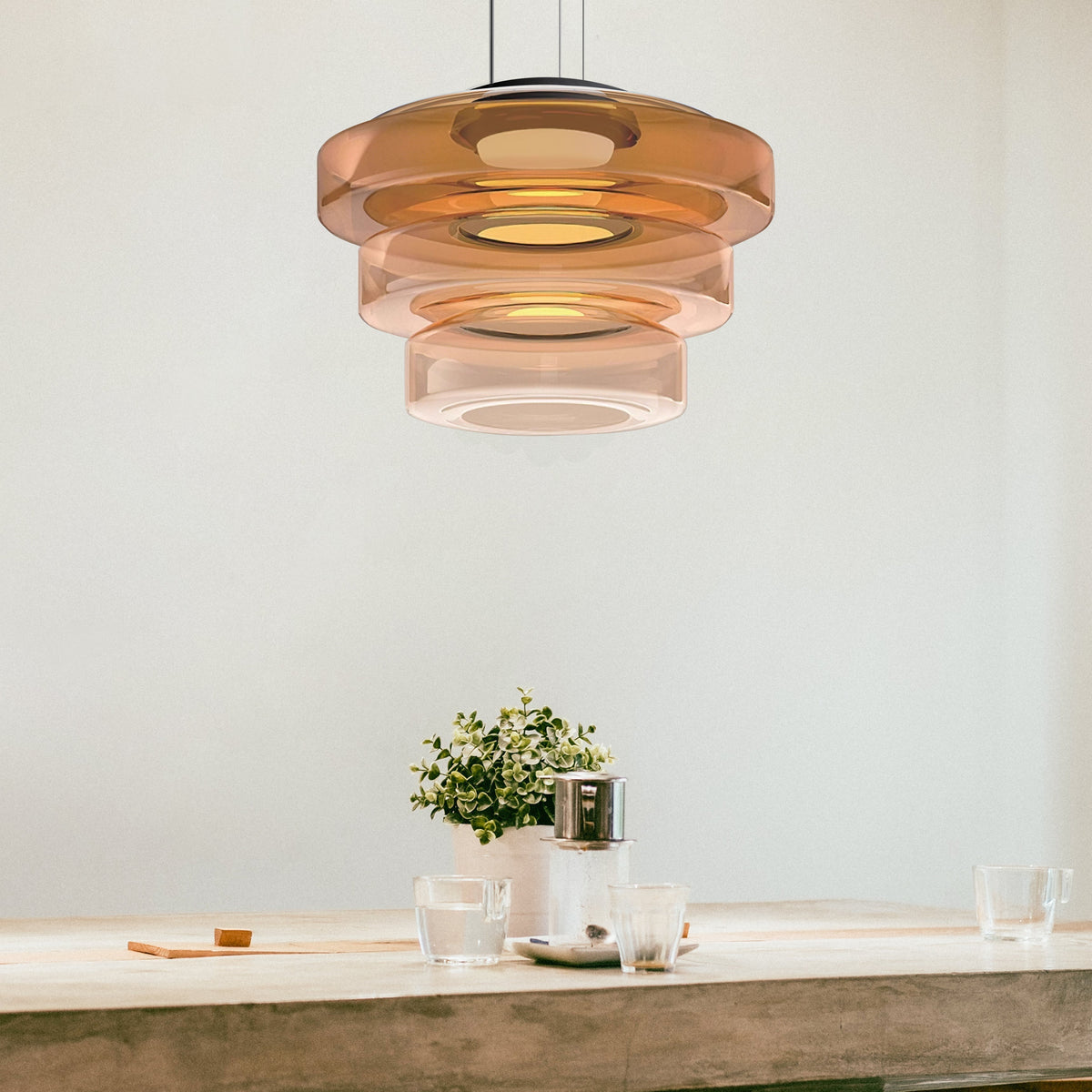 Modern Tiered Glass Ceiling Fixture – Iron & Glass Hanging Light for Kitchen Island, Dining Room & Living Space – Adjustable Multi-Layer | Thomler