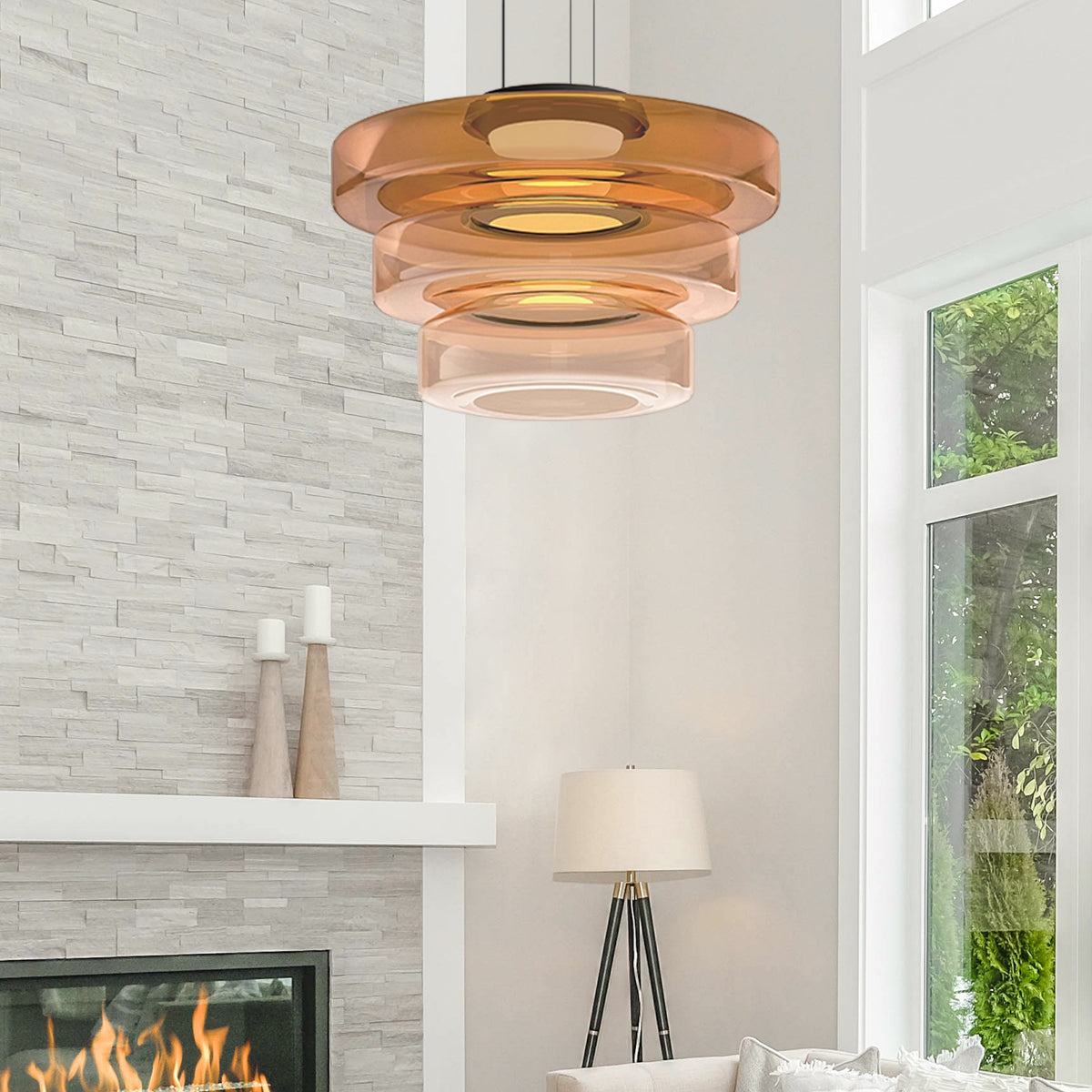 Modern Tiered Glass Ceiling Fixture – Iron & Glass Hanging Light for Kitchen Island, Dining Room & Living Space – Adjustable Multi-Layer | Thomler