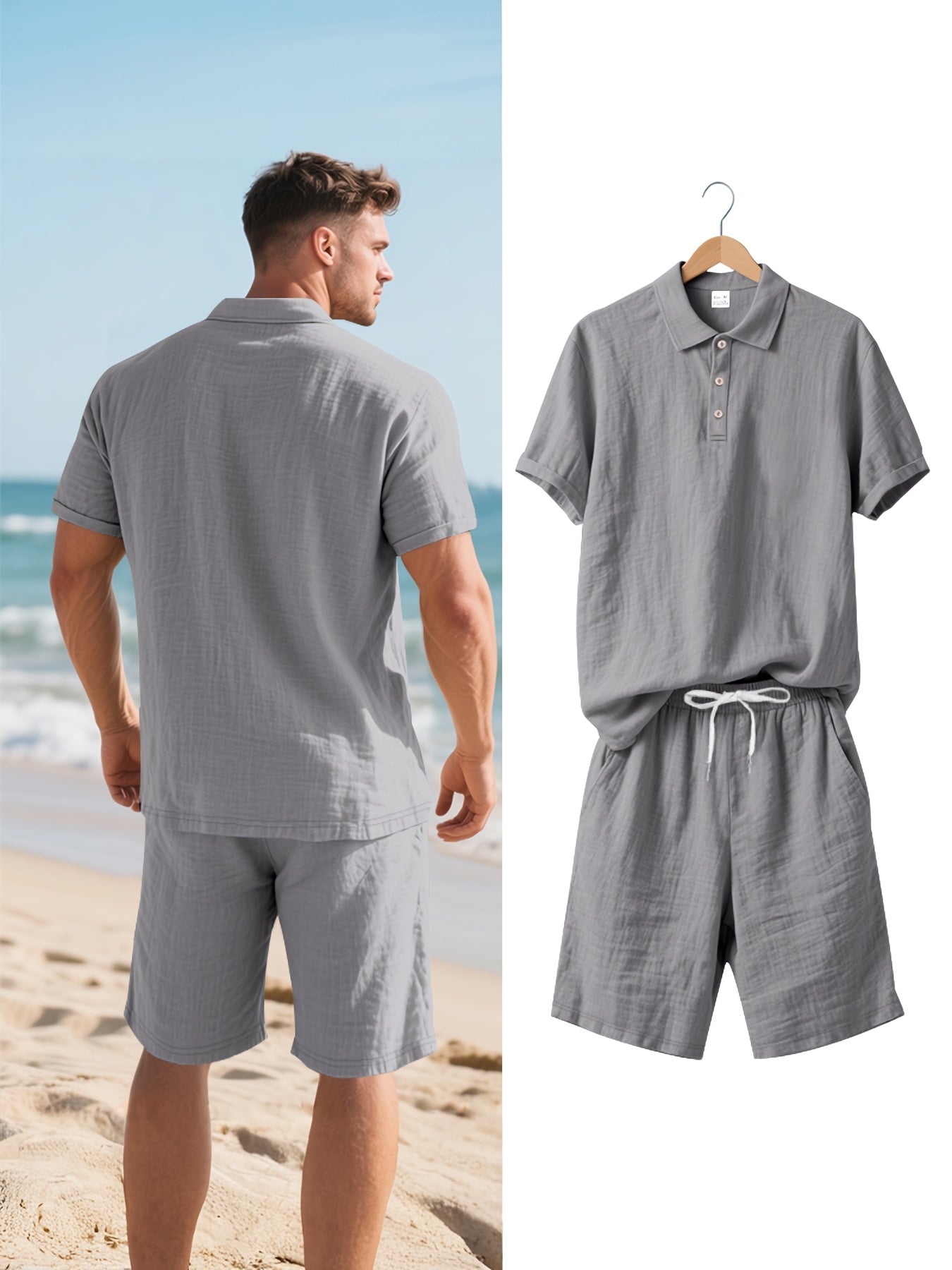 Men's Short-Sleeve Polo & Shorts Linen Set Summer Two-Piece Outfit Lightweight Breathable Casual Wear for Warm Weather | Thomler