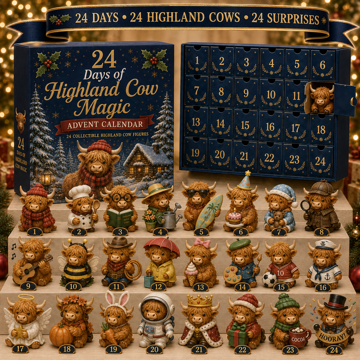 Highland Cow Advent Calendar – 24-Day Christmas Countdown with Collectible Miniatures for Holiday Decoration | Thomler