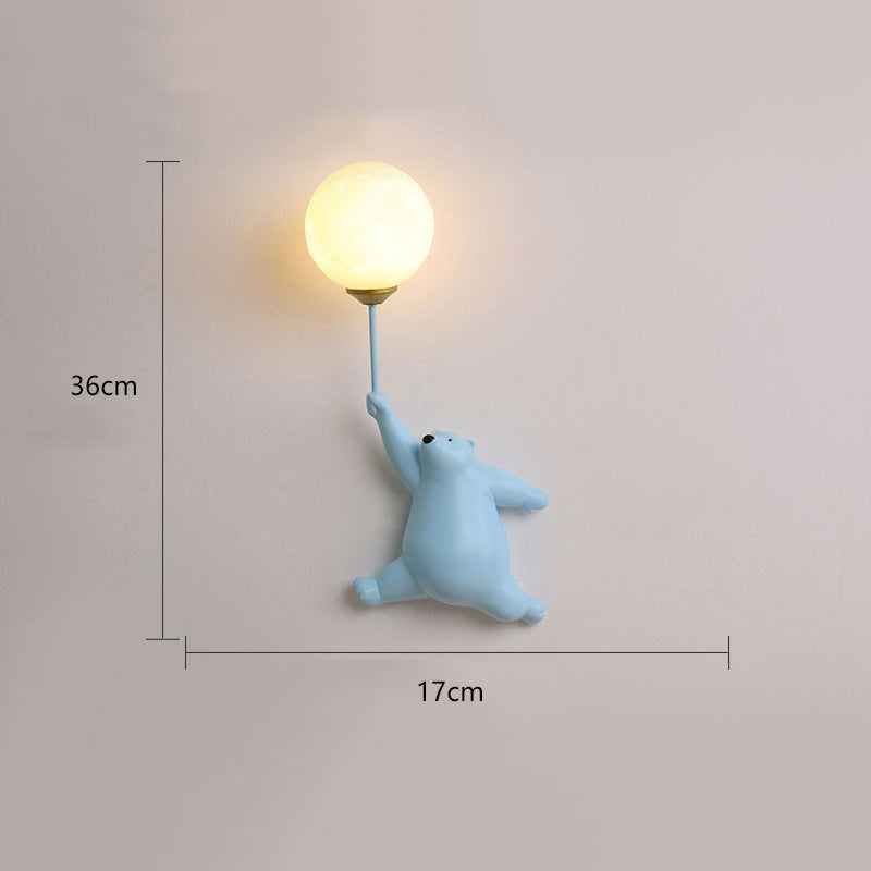 Bear with Balloon Wall Sconce Light for Kids Room Nursery Bedroom Playroom Resin Animal Design Accent Lighting White Blue Pink | Thomler