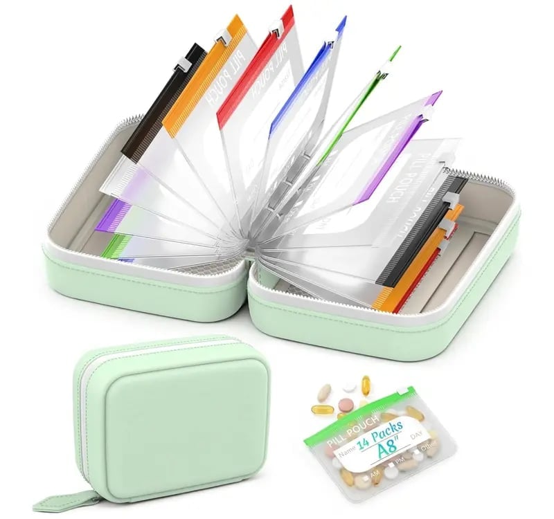Weekly Pill Organizer Case with 14 Labeled Pouches & Zipper for Travel | Thomler