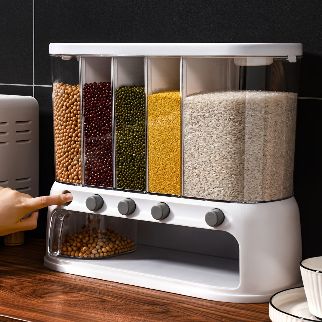 5-Section Dry Food Dispenser with Press Buttons & Sealed Flip Lid for Rice Pasta Beans Cereal Snacks Kitchen Pantry Counter Cabinet | Thomler