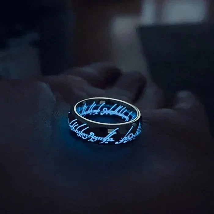 Glow-in-the-Dark Ring with Elvish Script Engraving – Self-Charging Luminous Fantasy Band for Men & Women | Thomler