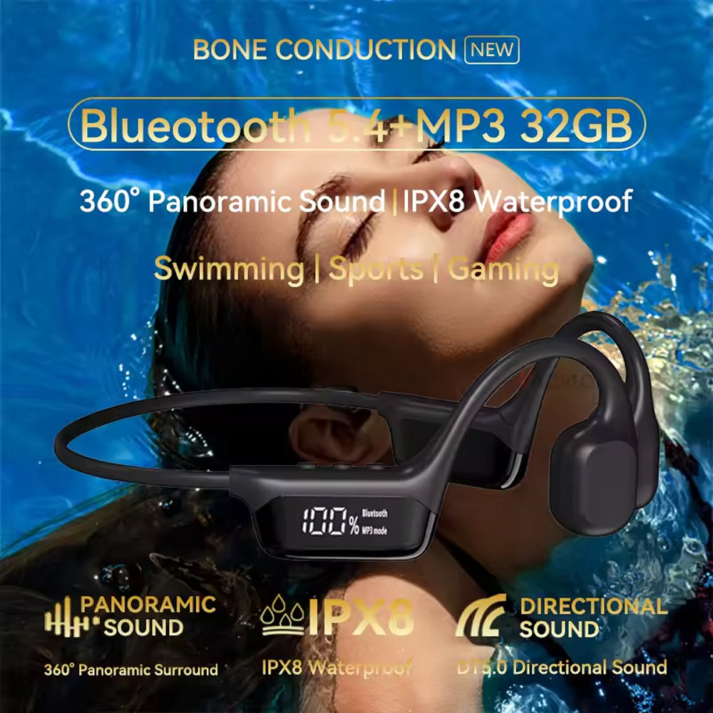 Waterproof Bone Conduction Swimming Headphones 32GB Storage IPX8 Rated for Pool Diving Ocean Sports Bluetooth 5.4 Open-Ear Audio | Thomler