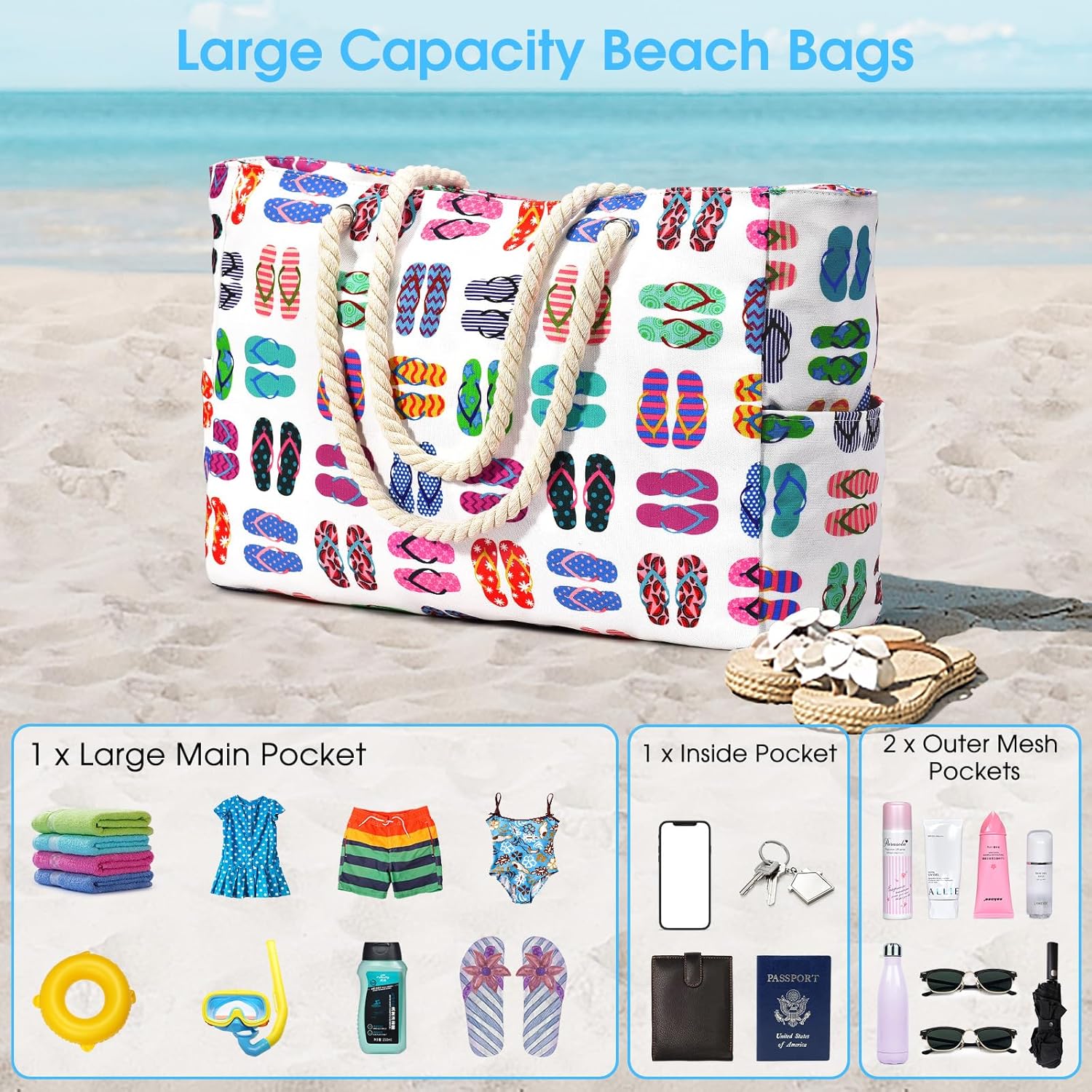 Large Mesh Carryall Bag with Zippered Closure for Pool Days and Coastal Getaways – Holds Towels, Sunscreen & Gear for Travel, Gym, Yoga, Pic | Thomler
