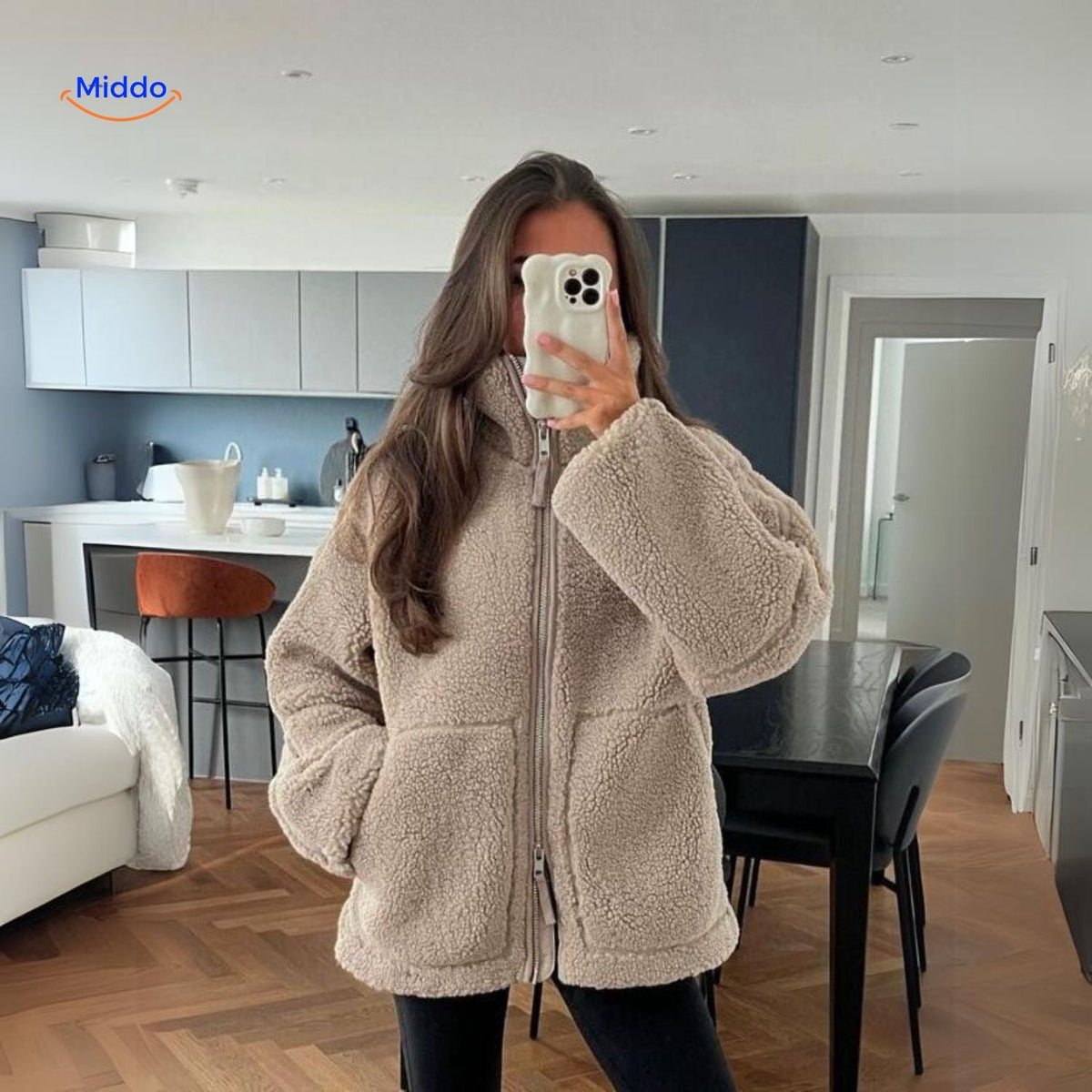 Faux Shearling Jacket with Stand Collar for Women – Plush Sherpa Winter Coat | Thomler