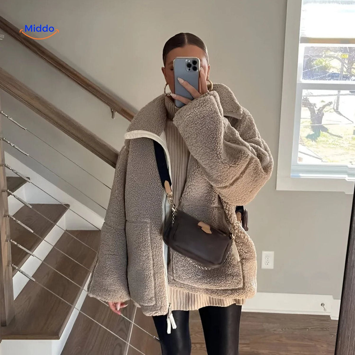 Faux Shearling Jacket with Stand Collar for Women – Plush Sherpa Winter Coat | Thomler