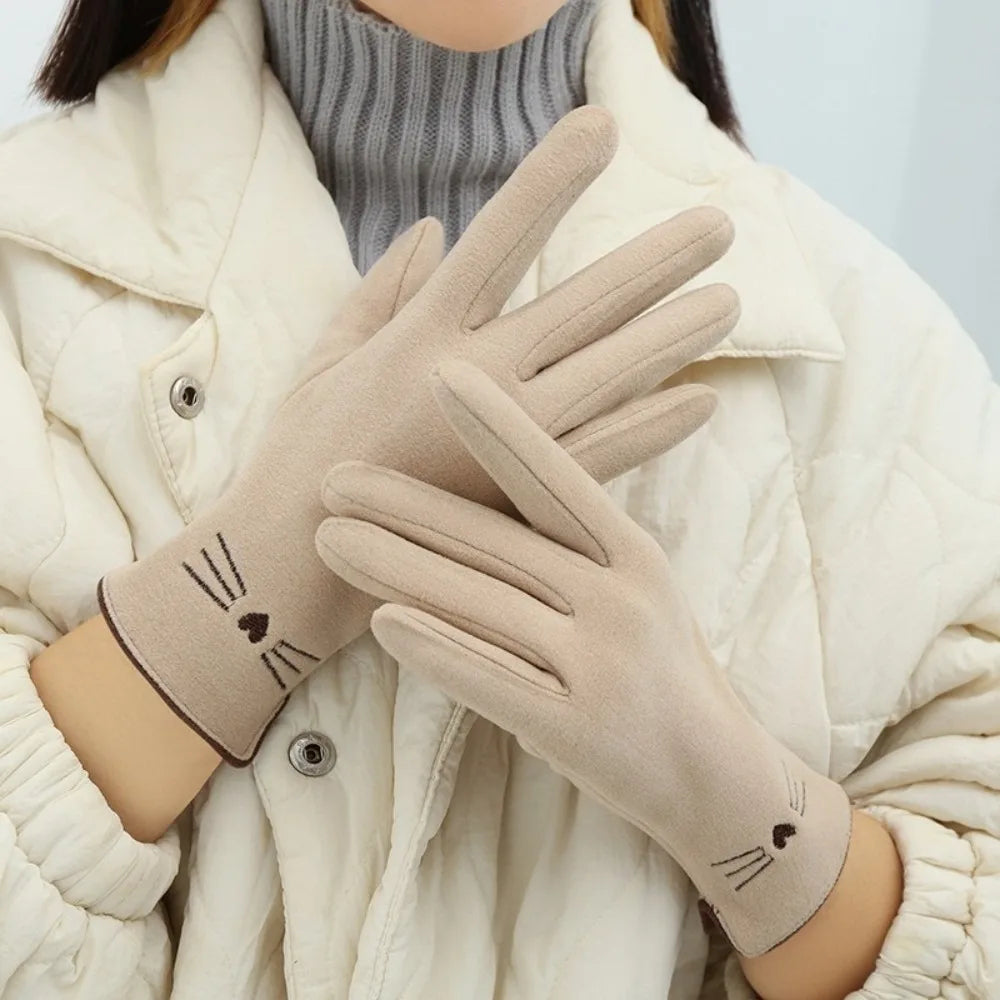 Stretchy Knit Touchscreen Gloves with Embroidered Kitten Detail for Women | Thomler
