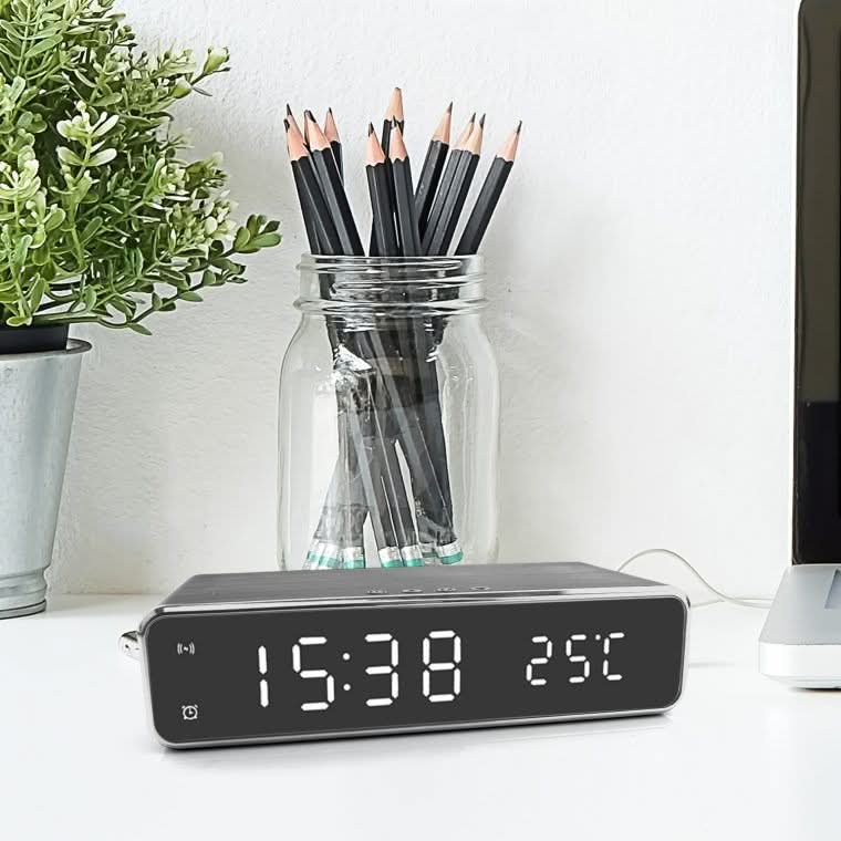 Nightstand Alarm Clock with Qi Wireless Charging Pad – Jumbo LED Display for Bedroom – Sleek Design for Desk or Bedside | Thomler