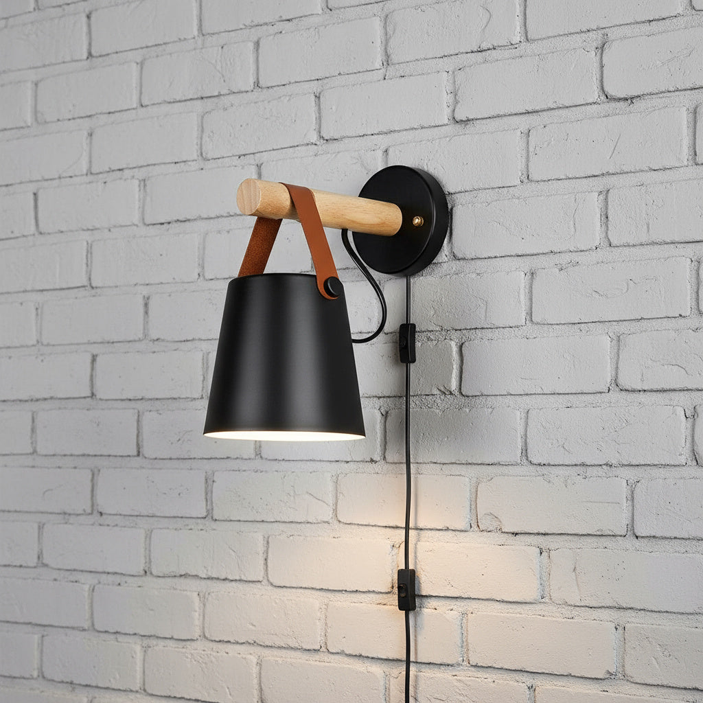 Wooden Wall Sconce Minimalist Bedroom Lighting Black White Hardwired Plug In Ambient Light Fixture Modern Scandinavian Style Home Decor | Thomler