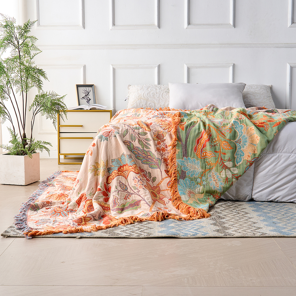 Cotton Throw Blanket with Fringe Tassels Floral Pattern Orange Blue Cream Bohemian Style Couch Sofa Bed Home Decor for Living Room Bedroom | Thomler