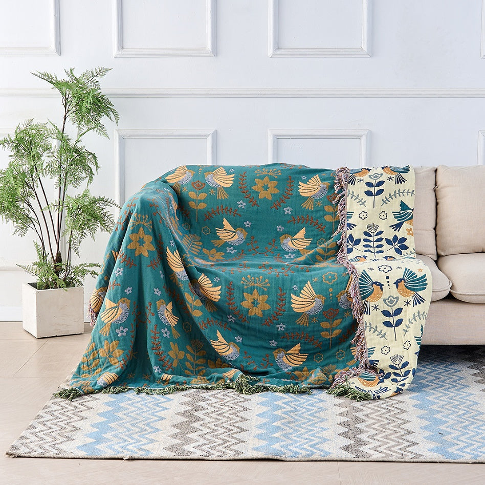 Cotton Throw Blanket Double-Sided Bird & Floral Design 100% Natural Fiber for Couch Bed Sofa Living Room Bedroom Decor Fringe Accents | Thomler