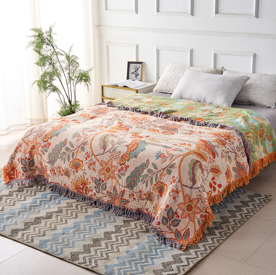 Cotton Throw Blanket with Fringe Tassels Floral Pattern Orange Blue Cream Bohemian Style Couch Sofa Bed Home Decor for Living Room Bedroom | Thomler