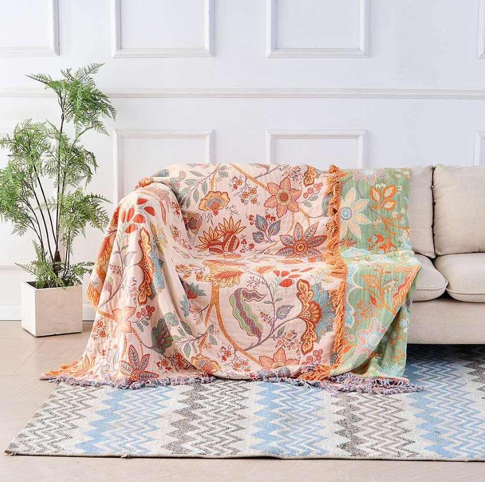 Cotton Throw Blanket with Fringe Tassels Floral Pattern Orange Blue Cream Bohemian Style Couch Sofa Bed Home Decor for Living Room Bedroom | Thomler