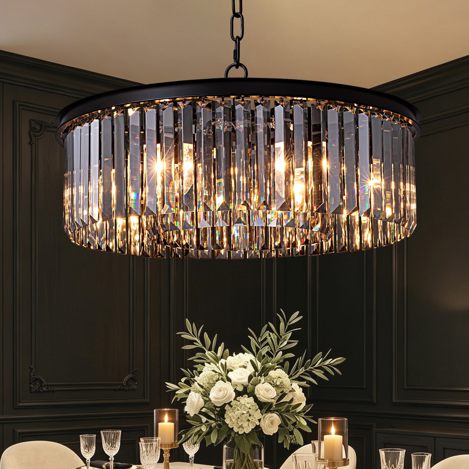 Smoky Gray K9 Crystal Chandelier Round Canopy Pendant for Dining Room Living Room Kitchen Modern Hanging Fixture E12 Bulb Adjustable Chain | Thomler