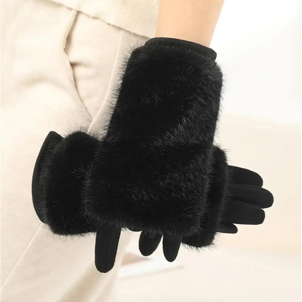 Faux-Suede Winter Gloves with Real Rabbit Fur Cuff for Men & Women – Touchscreen Fingertips, Windproof Lining – Warm Cold-Weather Handwear | Thomler