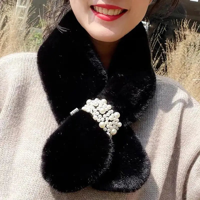 Embellished Faux-Fur Crossover Neckwarmer for Women – Cold-Weather Accessory with Decorative Bead Detail | Thomler