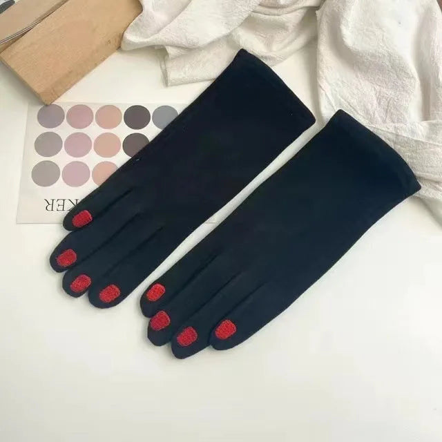 Fleece-Lined Knit Gloves with Embroidered Fingernail Detail for Women | Thomler
