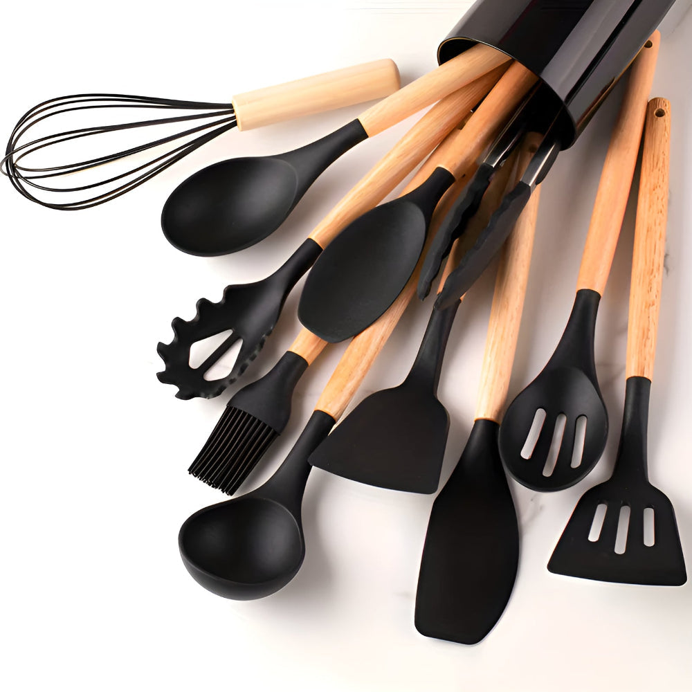 12-Piece Silicone Kitchen Utensil Set with Bamboo Handles and Holder – Heat-Resistant Nonstick Cooking Tools for Home Chefs | Thomler