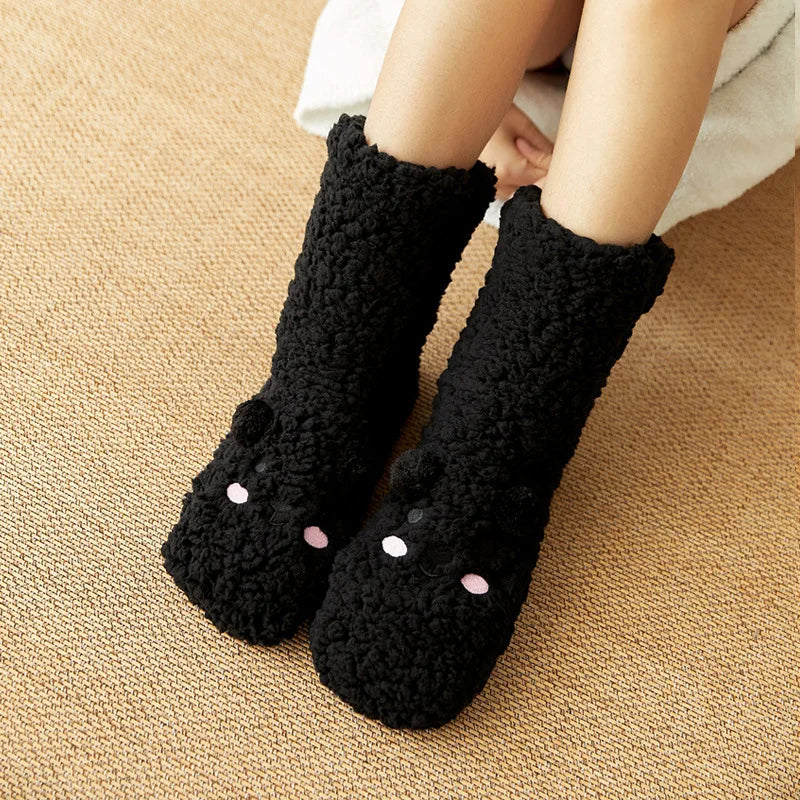 Plush Animal-Face Thermal Fleece Socks – Cozy Grippy Winter House Slippers for Women & Girls | Thomler