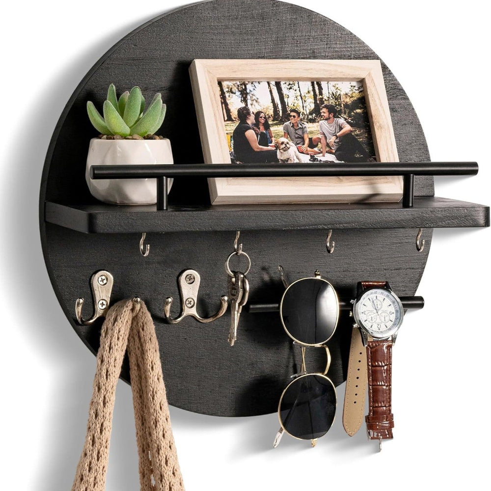Circular Wood Wall Key Organizer with Shelf & Hooks for Entryway – Natural Finish, Multi-Hook Design for Keys, Accessories & Small Decor | Thomler