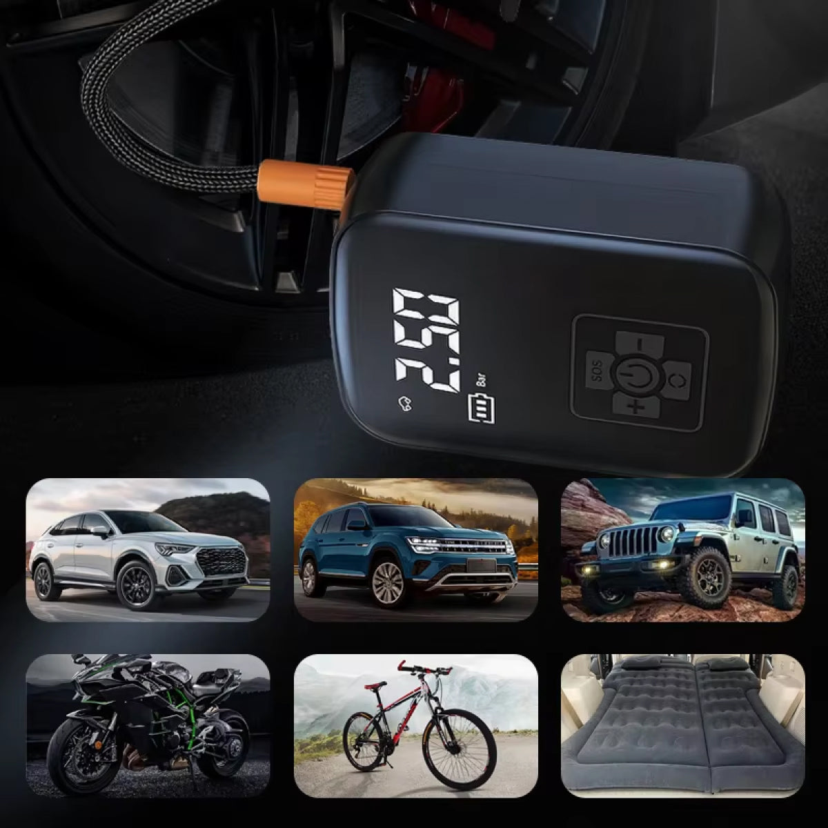 Portable Battery Air Compressor with Auto Shutoff & LED Light for Cars, Bikes, Sports Equipment | Thomler