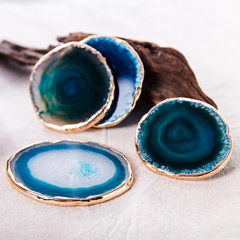 Coaster Blue Agate 3.5 in Natural Stone Tabletop Drink Holder Gold Edged Set | Thomler