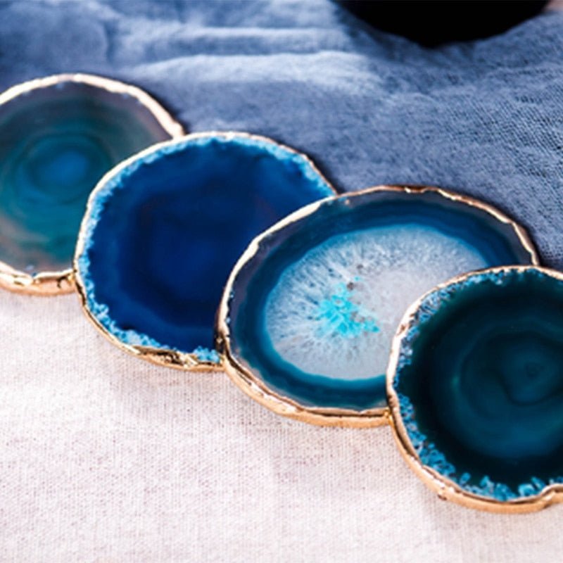 Coaster Blue Agate 3.5 in Natural Stone Tabletop Drink Holder Gold Edged Set | Thomler