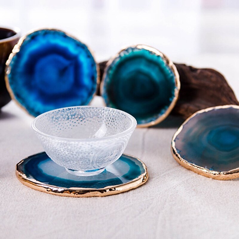 Coaster Blue Agate 3.5 in Natural Stone Tabletop Drink Holder Gold Edged Set | Thomler
