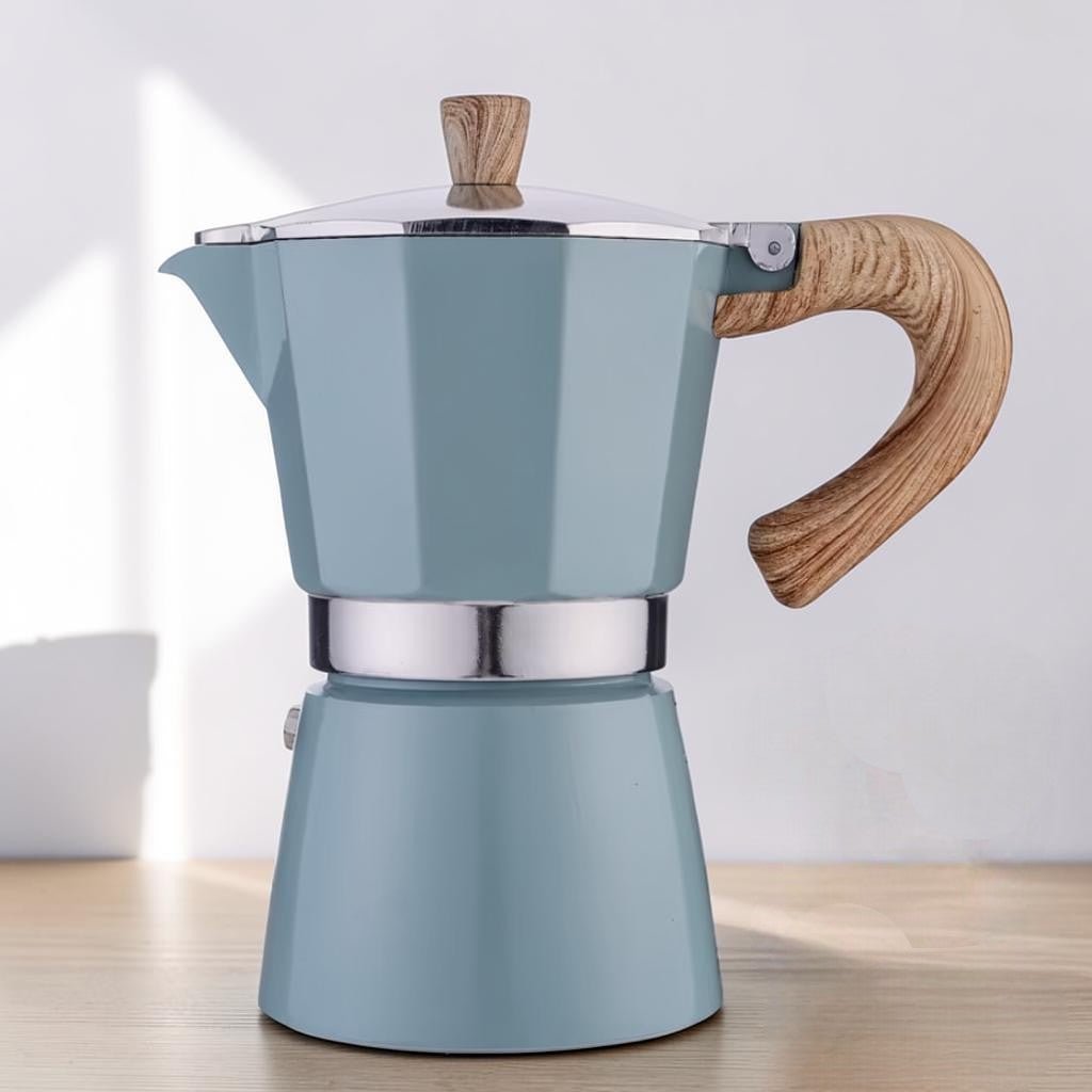 Stovetop Espresso Maker in Azure – Food-Safe Aluminum 3 or 6 Cup Moka Coffee Pot for Gas Electric Induction Stove Kitchen Brewer | Thomler