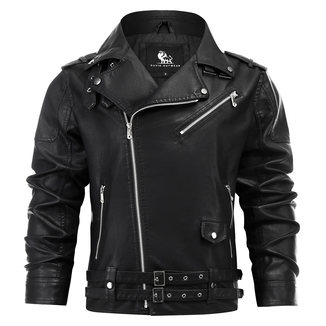 Men's Faux Leather Moto Jacket with Zip Front – Classic Black Biker Style for Everyday Wear – Water-Resistant Coat for Fall, Winter & Spring | Thomler