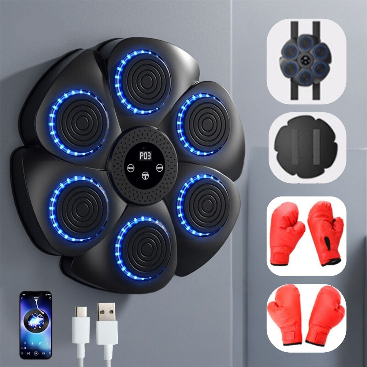 Interactive Boxing Trainer with Music & RGB Lights – Wall-Mount Reflex Pad for Home Workouts – USB Rechargeable Fitness Target with | Thomler