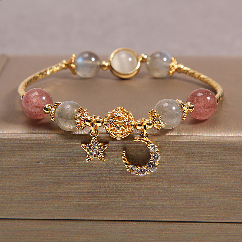 Labradorite & Strawberry Quartz Beaded Bracelet with Moon & Star Charm – Women's Gemstone Jewelry for Meditation & Everyday Wear | Thomler