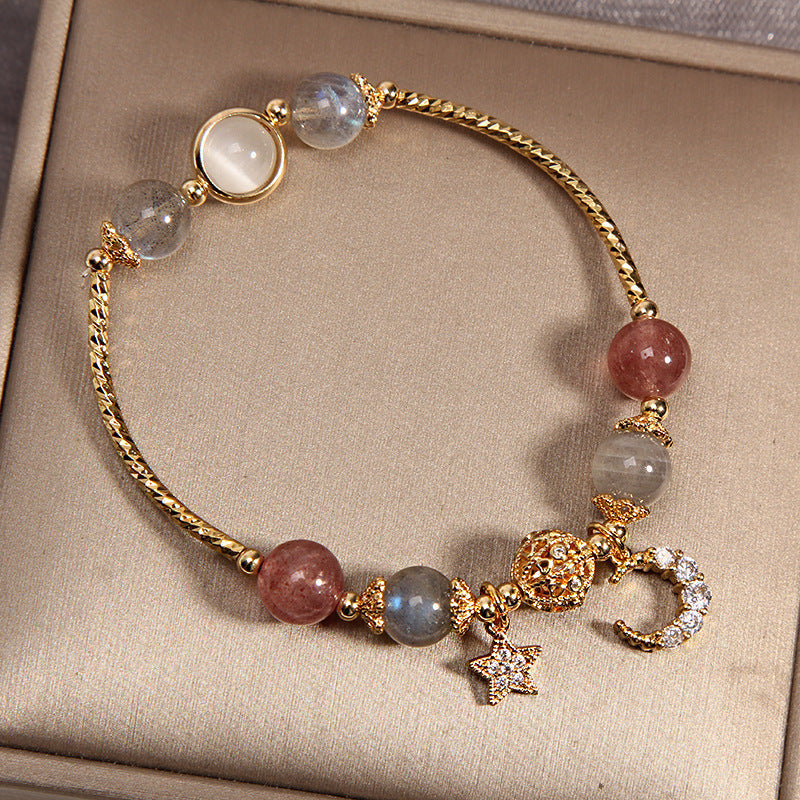 Labradorite & Strawberry Quartz Beaded Bracelet with Moon & Star Charm – Women's Gemstone Jewelry for Meditation & Everyday Wear | Thomler