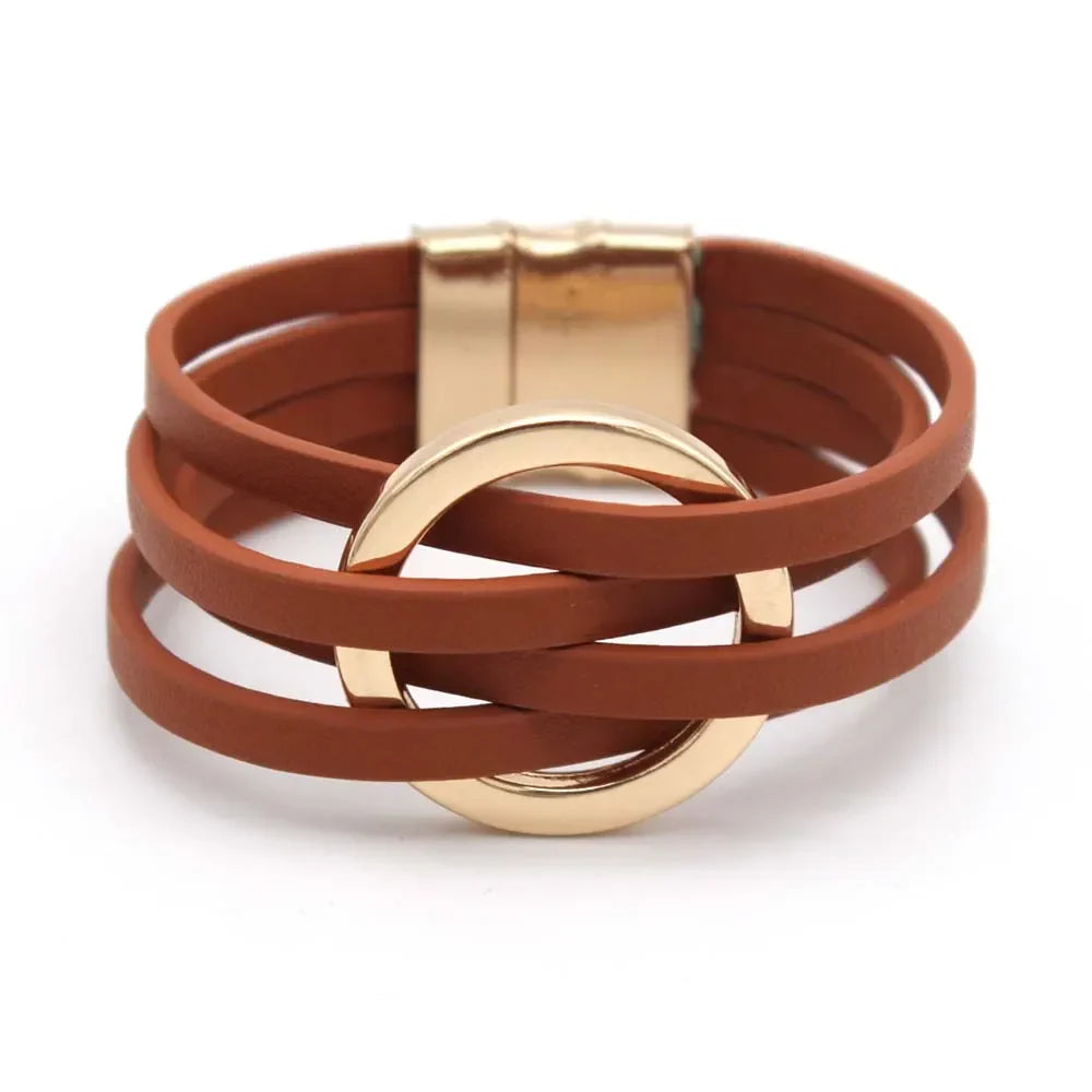 Layered Leather Wrap Bracelet with Magnetic Clasp – Geometric Accent Cuff for Women & Men | Thomler