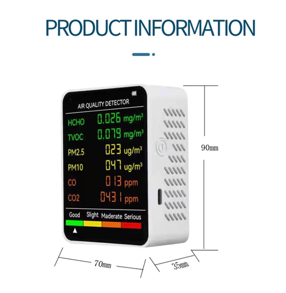 6-in-1 Indoor Air Quality Monitor with Real-Time CO2, PM2.5, TVOC, Temperature & Humidity Tracking for Home, Office & Bedroom | Thomler