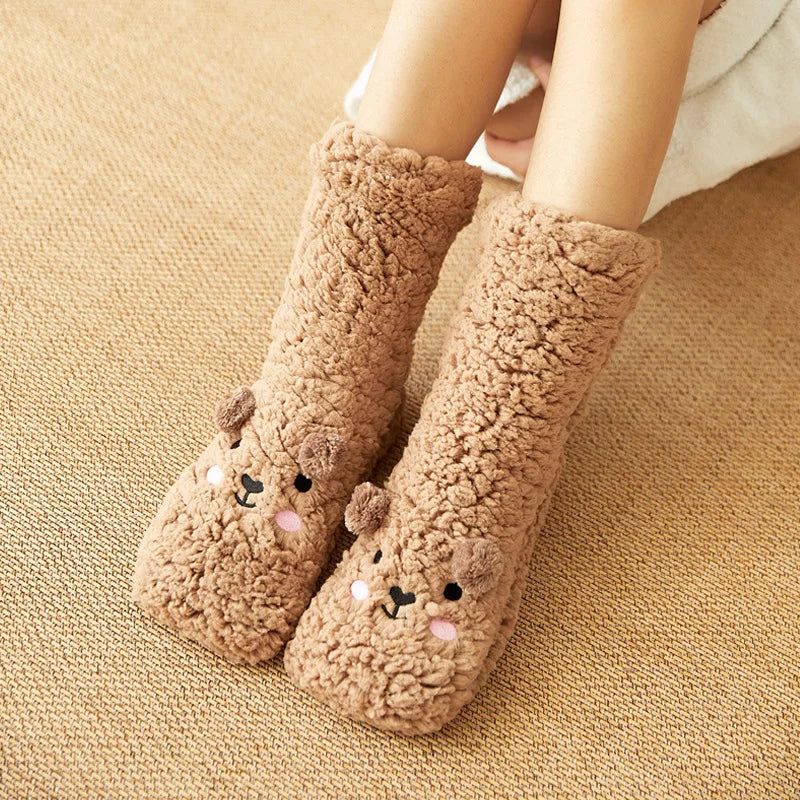 Plush Animal-Face Thermal Fleece Socks – Cozy Grippy Winter House Slippers for Women & Girls | Thomler