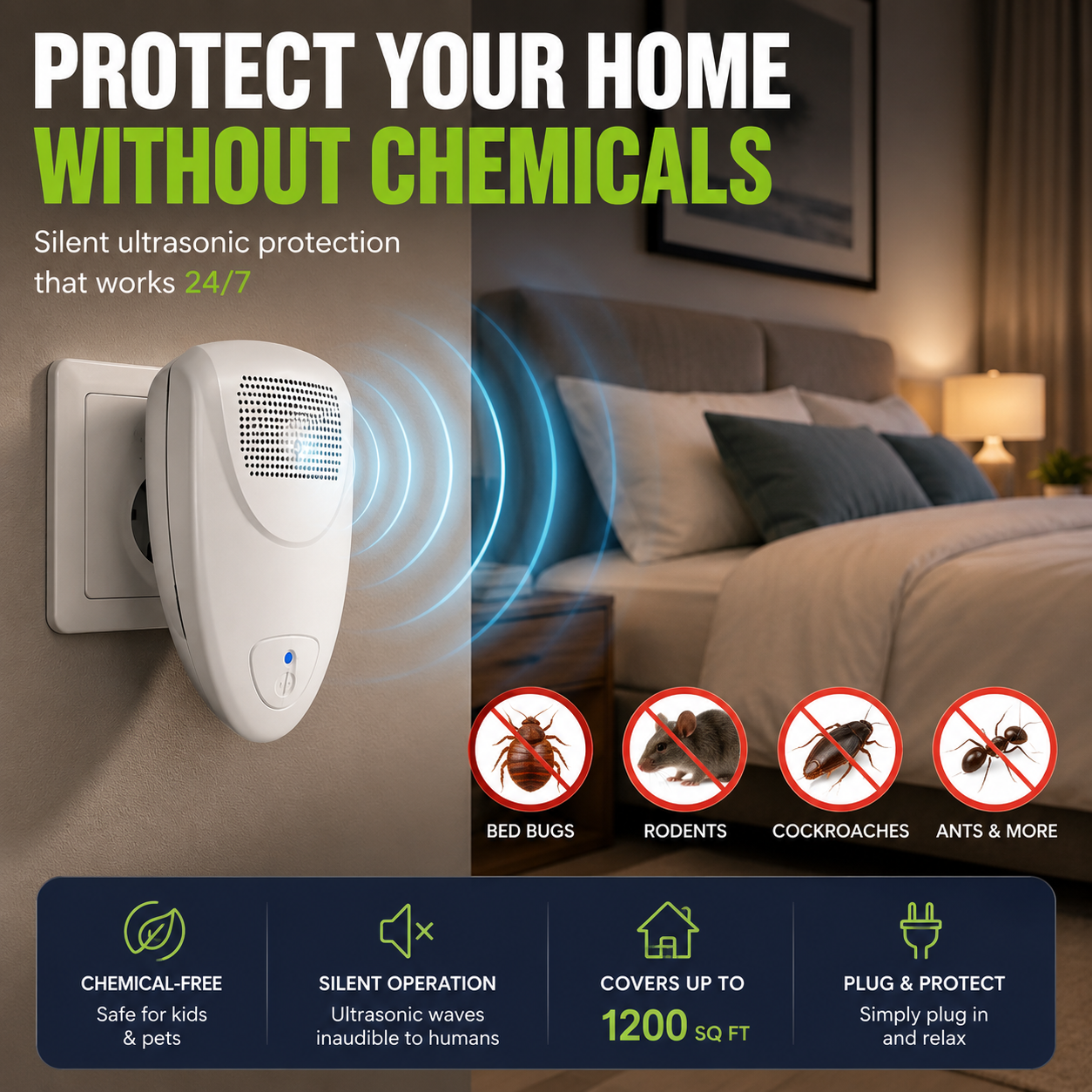 Plug-In Ultrasonic Pest Deterrent Device for Bedrooms & Living Rooms – Silent Electronic Indoor Insect Repellent for Homes, Apartments, Hote | Thomler