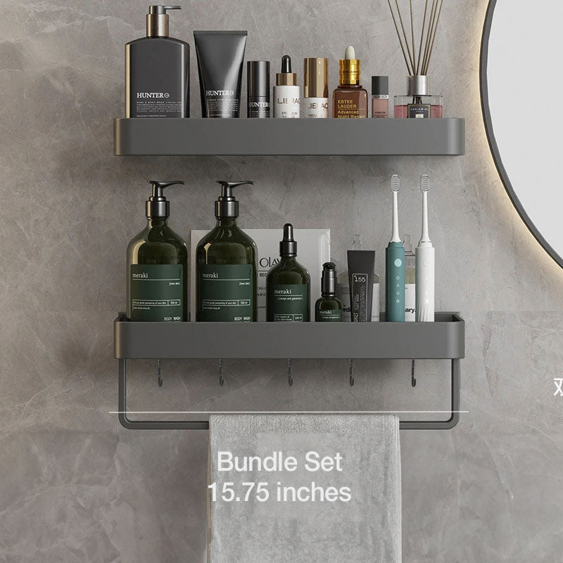 Bathroom Shelf Aluminium 30.0 cm Grey Self Adhesive Shower Wall Organiser With Towel Holder Floating Storage Rack | Thomler
